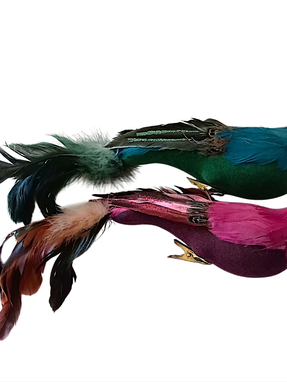 2‎ Vintage Feathered Peacock Bird Ornaments Clip On Large Pink Blue Christmas